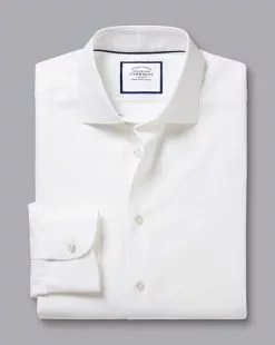 CHARLES TYRWHITT Semi-Spread Collar Non-Iron Cotton Linen Shirt - Wh -Charles Tyrwhitt Shop FOB0700WHT FOLD SINGLE
