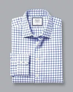 CHARLES TYRWHITT Non-Iron Twill Grid Check Shirt - Cobalt B -Charles Tyrwhitt Shop FON0413RYL FOLD SINGLE