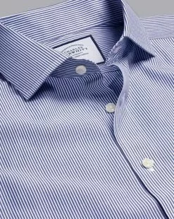 CHARLES TYRWHITT Spread Collar Non-Iron Bengal Stripe Shirt - Royal B -Charles Tyrwhitt Shop FON0715NAV COLLAR DETAIL 1