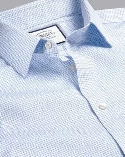 CHARLES TYRWHITT Non-Iron Twill Mini Grid Check Shirt - Cornflower B -Charles Tyrwhitt Shop FON0740SKY COLLAR DETAIL 1
