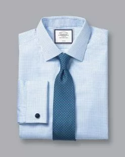 CHARLES TYRWHITT Non-Iron Twill Mini Grid Check Shirt - Cornflower B -Charles Tyrwhitt Shop FON0740SKY FOLD DOUBLE