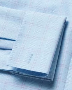 CHARLES TYRWHITT Non-Iron Prince Of Wales Check Shirt - Light B -Charles Tyrwhitt Shop FON2460LBU DOUBLE CUFF