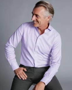 CHARLES TYRWHITT Spread Collar Non-Iron Twill Windowpane Check Shirt - Lilac P -Charles Tyrwhitt Shop FON2472LLC MODEL SEATED