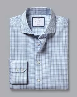 CHARLES TYRWHITT Spread Collar Non-Iron Twill Windowpane Check Shirt - Ocean B -Charles Tyrwhitt Shop FON2472OCE FOLD SINGLE