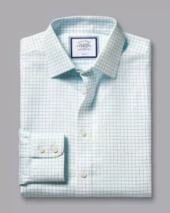 CHARLES TYRWHITT Non-Iron Twill Fine Shadow Check Shirt - Aqua Green -Charles Tyrwhitt Shop FON2473AQA FOLD SINGLE