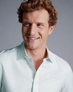 CHARLES TYRWHITT Non-Iron Twill Fine Shadow Check Shirt - Aqua Green -Charles Tyrwhitt Shop FON2473AQA MODEL DETAIL