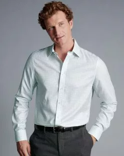 CHARLES TYRWHITT Non-Iron Twill Fine Shadow Check Shirt - Aqua Green -Charles Tyrwhitt Shop FON2473AQA MODEL FULL