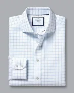 CHARLES TYRWHITT Spread Collar Non-Iron Henley Weave Shirt - Cornflower B -Charles Tyrwhitt Shop FON2482CFW FOLD SINGLE