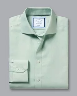 CHARLES TYRWHITT Spread Collar Non-Iron Henley Weave Shirt - Light Green -Charles Tyrwhitt Shop FON2482LGN FOLD SINGLE
