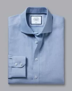 CHARLES TYRWHITT Spread Collar Non-Iron Henley Weave Shirt - Ocean B -Charles Tyrwhitt Shop FON2482OCE FOLD SINGLE