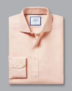 CHARLES TYRWHITT Spread Collar Non-Iron Henley Weave Shirt - Peach -Charles Tyrwhitt Shop FON2482PCH FOLD SINGLE