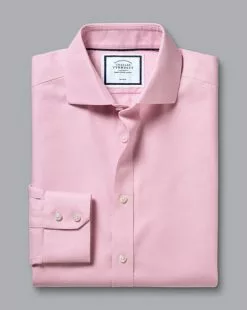 CHARLES TYRWHITT Spread Collar Non-Iron Henley Weave Shirt - Pink -Charles Tyrwhitt Shop FON2482PNK FOLD SINGLE
