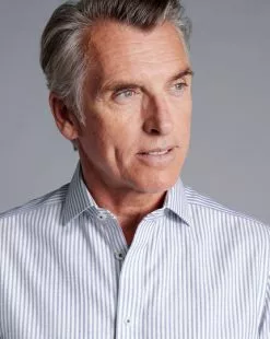 CHARLES TYRWHITT Spread Collar Non-Iron Henley Weave Stripe Shirt - Royal B -Charles Tyrwhitt Shop FON2482RYL MODEL DETAIL