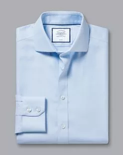 CHARLES TYRWHITT Spread Collar Non-Iron Henley Weave Shirt - Sky B -Charles Tyrwhitt Shop FON2482SKY FOLD SINGLE