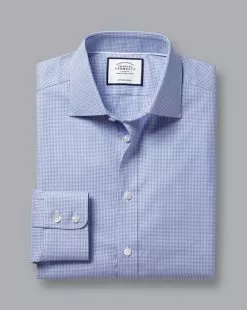 CHARLES TYRWHITT Semi-Spread Collar Egyptian Cotton Twill Small Grid Check Shirt - Ocean B -Charles Tyrwhitt Shop FOR2295OCE FOLD SINGLE