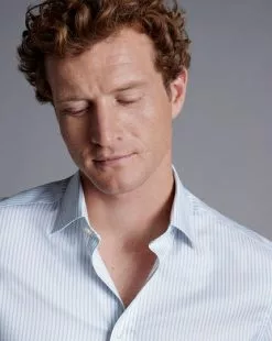 CHARLES TYRWHITT Semi-Spread Collar Egyptian Cotton Twill Stripe Shirt - Light B -Charles Tyrwhitt Shop FOR2328LBU MODEL DETAIL