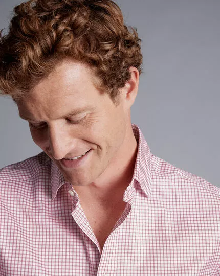 CHARLES TYRWHITT Semi-Spread Collar Egyptian Cotton Twill Fine Check Shirt - Dark Pink 5 CHARLES TYRWHITT Semi-Spread Collar Egyptian Cotton Twill Fine Check Shirt - Dark Pink - Image 3