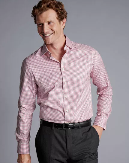 CHARLES TYRWHITT Semi-Spread Collar Egyptian Cotton Twill Fine Check Shirt - Dark Pink 4 CHARLES TYRWHITT Semi-Spread Collar Egyptian Cotton Twill Fine Check Shirt - Dark Pink - Image 2