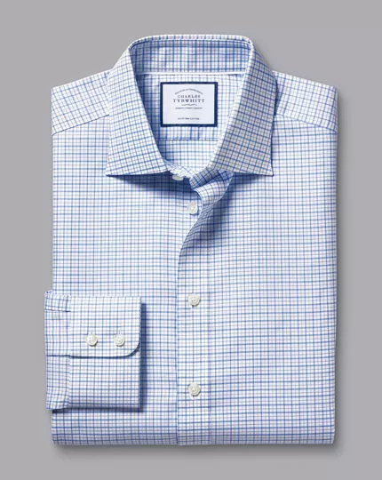 CHARLES TYRWHITT Semi-Spread Collar Egyptian Cotton Twill Double Check Shirt - Ocean B 6 CHARLES TYRWHITT Semi-Spread Collar Egyptian Cotton Twill Double Check Shirt - Ocean B - Image 4