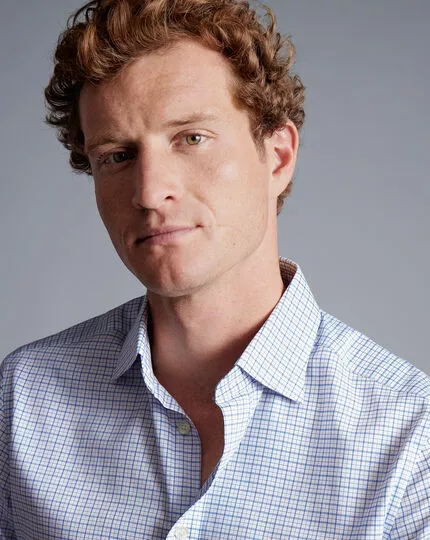 CHARLES TYRWHITT Semi-Spread Collar Egyptian Cotton Twill Double Check Shirt - Ocean B 5 CHARLES TYRWHITT Semi-Spread Collar Egyptian Cotton Twill Double Check Shirt - Ocean B - Image 3