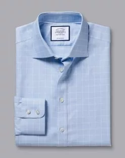 CHARLES TYRWHITT Semi-Spread Collar Egyptian Cotton Twill Check Shirt - Cornflower B -Charles Tyrwhitt Shop FOR2332CFW FOLD SINGLE