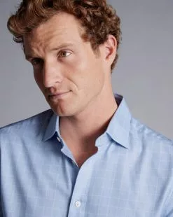 CHARLES TYRWHITT Semi-Spread Collar Egyptian Cotton Twill Check Shirt - Cornflower B -Charles Tyrwhitt Shop FOR2332CFW MODEL DETAIL