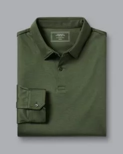 CHARLES TYRWHITT Smart Long Sleeve Jersey Polo - Olive Green -Charles Tyrwhitt Shop JEP0326OLV FOLD SINGLE