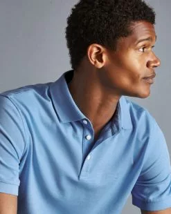 CHARLES TYRWHITT Tyrwhitt Pique Polo - Light Blue M -Charles Tyrwhitt Shop JEP0340SKY MODEL DETAIL