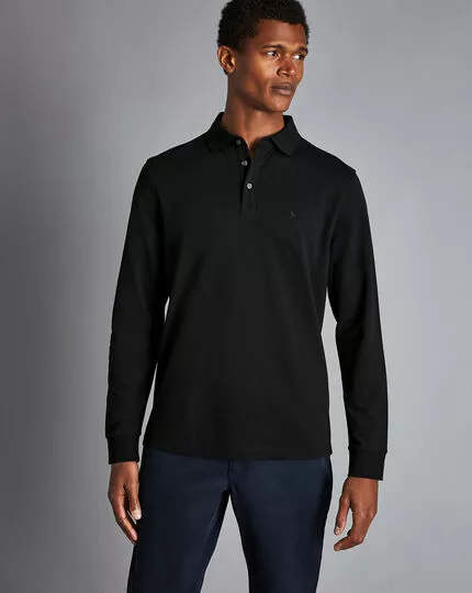 CHARLES TYRWHITT Tyrwhitt Long Sleeve Pique Polo - Black 4 CHARLES TYRWHITT Tyrwhitt Long Sleeve Pique Polo - Black - Image 2