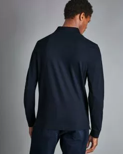 CHARLES TYRWHITT Tyrwhitt Long Sleeve Pique Polo - Navy -Charles Tyrwhitt Shop JEP0342NAV MODEL BACK