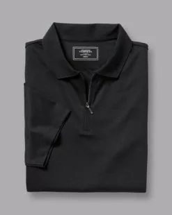 CHARLES TYRWHITT Zip-Neck Jersey Polo - Black -Charles Tyrwhitt Shop JEP0378BLK FOLD