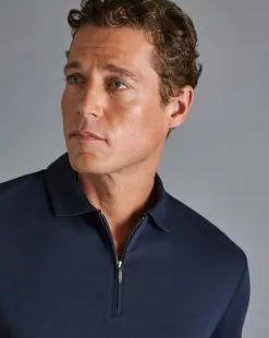 CHARLES TYRWHITT Zip-Neck Jersey Polo - Navy 10 CHARLES TYRWHITT Zip-Neck Jersey Polo - Navy -Charles Tyrwhitt Shop JEP0378NAV MODEL DETAIL