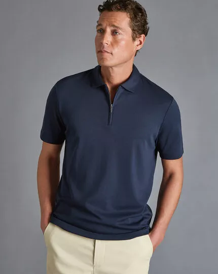 CHARLES TYRWHITT Zip-Neck Jersey Polo - Navy 4 CHARLES TYRWHITT Zip-Neck Jersey Polo - Navy - Image 2