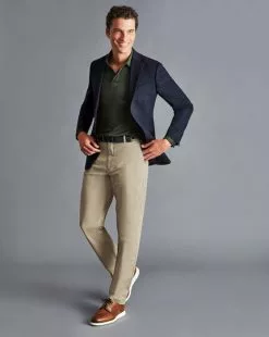 CHARLES TYRWHITT Cotton TENCEL™ Mix Long Sleeve Polo - Forest Green -Charles Tyrwhitt Shop JEP0389FRG MODEL FULL FRONT