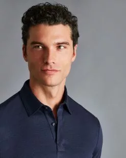 CHARLES TYRWHITT Cotton TENCEL™ Mix Long Sleeve Polo - Indigo B -Charles Tyrwhitt Shop JEP0389NAV MODEL DETAIL