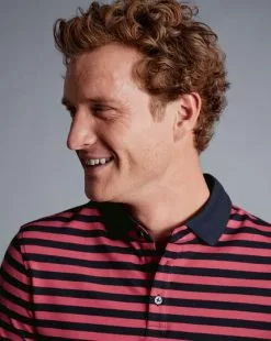 CHARLES TYRWHITT Striped Tyrwhitt Pique Polo - Coral & Navy -Charles Tyrwhitt Shop JEP0392CNV MODEL DETAIL