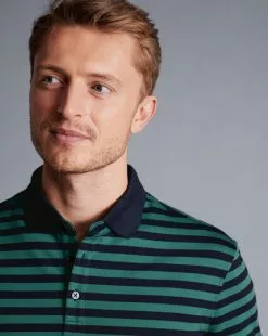 CHARLES TYRWHITT Striped Tyrwhitt Pique Polo - Green & Navy -Charles Tyrwhitt Shop JEP0392GNV MODEL DETAIL