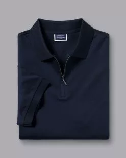 CHARLES TYRWHITT Tyrwhitt Cool Zip-Neck Polo - Dark Navy -Charles Tyrwhitt Shop JEP0395DNY FOLD SINGLE
