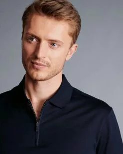 CHARLES TYRWHITT Tyrwhitt Cool Zip-Neck Polo - Dark Navy -Charles Tyrwhitt Shop JEP0395DNY MODEL DETAIL