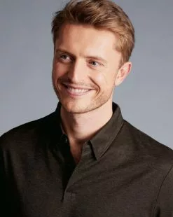 CHARLES TYRWHITT Birdseye Stripe Jacquard Polo - Chocolate Brown -Charles Tyrwhitt Shop JEP0397CHC MODEL DETAIL