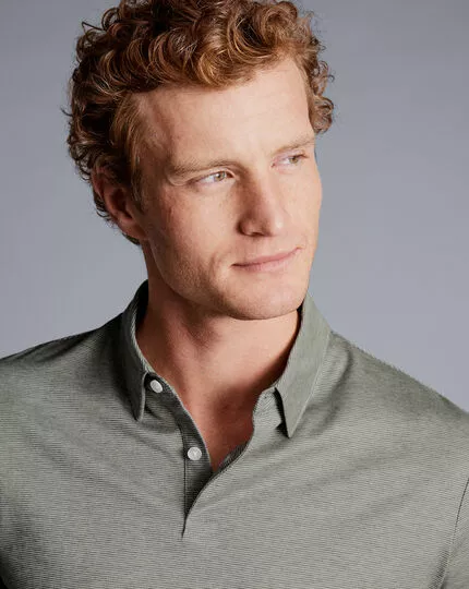 CHARLES TYRWHITT Birdseye Stripe Jacquard Polo - Light Grey 5 CHARLES TYRWHITT Birdseye Stripe Jacquard Polo - Light Grey - Image 3