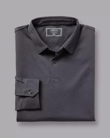 CHARLES TYRWHITT Combed Cotton Long Sleeve Polo - Dark Grey 6 CHARLES TYRWHITT Combed Cotton Long Sleeve Polo - Dark Grey - Image 4