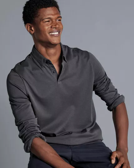 CHARLES TYRWHITT Combed Cotton Long Sleeve Polo - Dark Grey 4 CHARLES TYRWHITT Combed Cotton Long Sleeve Polo - Dark Grey - Image 2