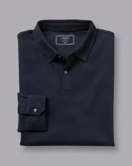 CHARLES TYRWHITT Combed Cotton Long Sleeve Polo - Dark Navy 6 CHARLES TYRWHITT Combed Cotton Long Sleeve Polo - Dark Navy - Image 4