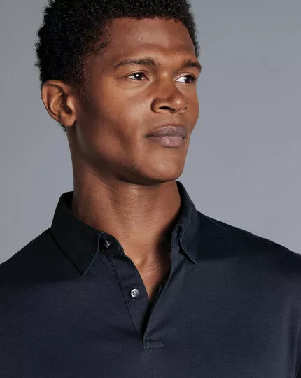 CHARLES TYRWHITT Combed Cotton Long Sleeve Polo - Dark Navy 5 CHARLES TYRWHITT Combed Cotton Long Sleeve Polo - Dark Navy - Image 3