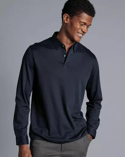 CHARLES TYRWHITT Combed Cotton Long Sleeve Polo - Dark Navy 4 CHARLES TYRWHITT Combed Cotton Long Sleeve Polo - Dark Navy - Image 2