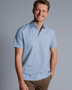 CHARLES TYRWHITT End-On-End Cotton Polo - Light B -Charles Tyrwhitt Shop JEP0405LBU MODEL FRONT