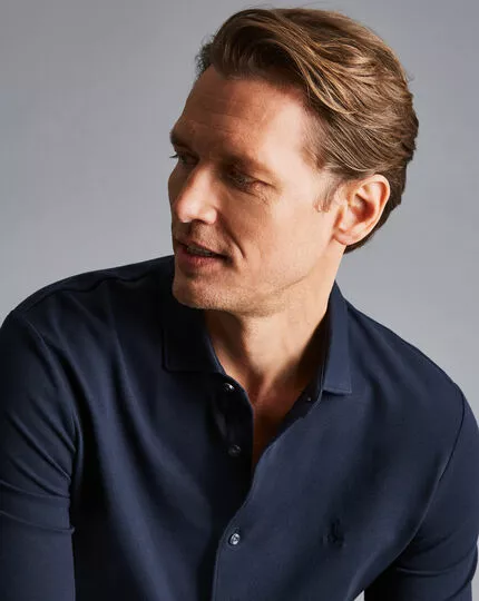 CHARLES TYRWHITT Pique Jersey Shirt - Navy 5 CHARLES TYRWHITT Pique Jersey Shirt - Navy - Image 3