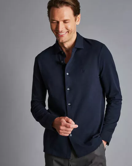 CHARLES TYRWHITT Pique Jersey Shirt - Navy 4 CHARLES TYRWHITT Pique Jersey Shirt - Navy - Image 2