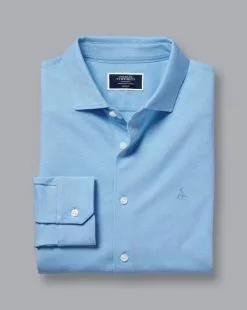 CHARLES TYRWHITT Pique Jersey Shirt - Sky -Charles Tyrwhitt Shop JEX0025SKY FOLD